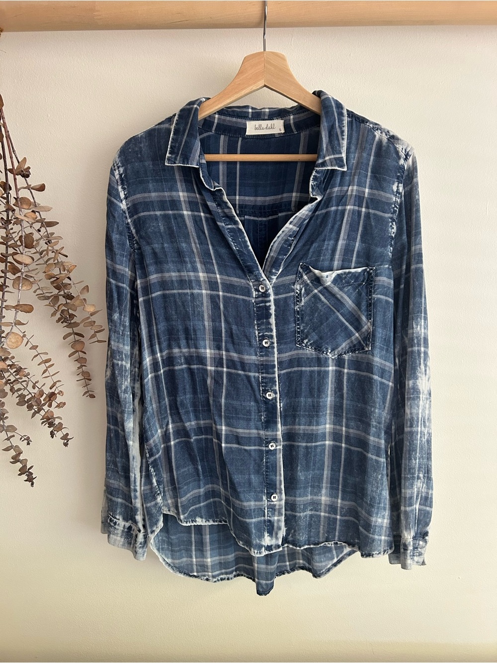 Bella Dahl Blue Plaid Tencel Acid Wash Button-Down Shirt S